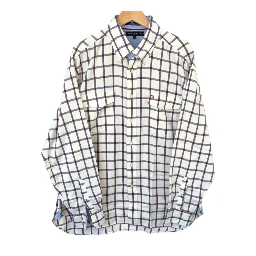 Tommy Hilfiger Mens XL White Plaid Shirt Long Sleeve Button Up Soft Preppy